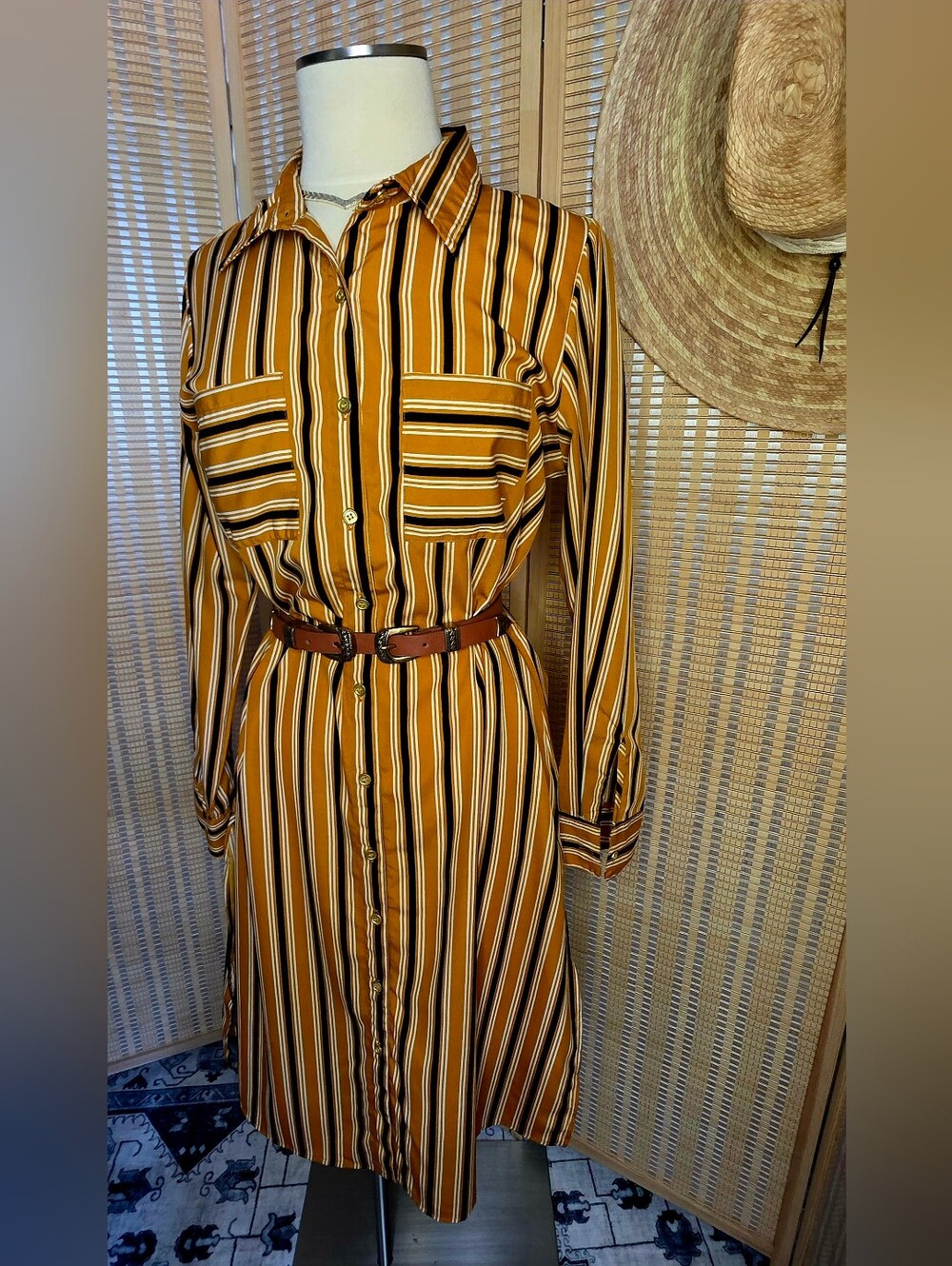 Classic Shirt-Dress Gold Orange Black & White Virtical Stripes, Button-down
